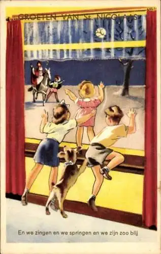 Ak Glückwunsch Sankt Nikolaus, Kinder am Fenster, Hund