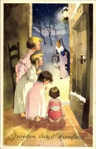 Ak Glückwunsch Sankt Nikolaus, Kinder, Tür