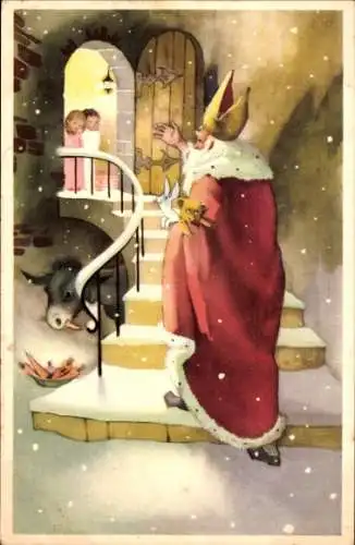 Ak Sankt Nikolaus, Kinder, Besuch, Esel