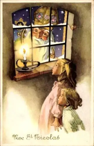 Ak Glückwunsch Sankt Nikolaus, Kinder am Fenster, Unerwarteter Besuch