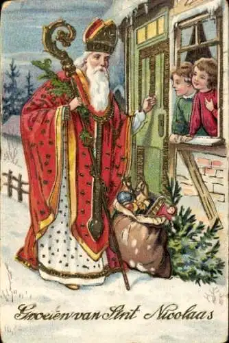 Ak Glückwunsch Sankt Nikolaus, Kinder am Fenster, Geschenke