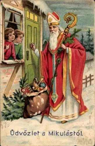 Ak Glückwunsch Sankt Nikolaus, Kinder am Fenster, Geschenke