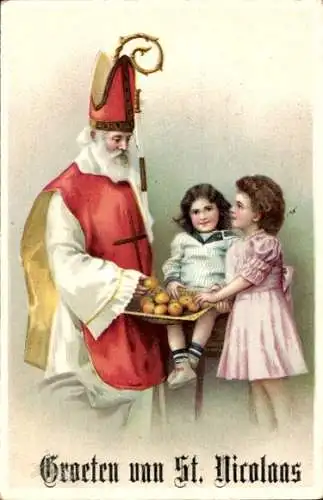 Präge Ak Glückwunsch Sankt Nikolaus, Kinder, Früchte