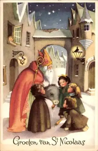 Ak Glückwunsch Sankt Nikolaus, Kinder, Esel