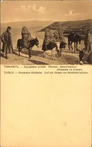Ak Tiflis Georgien, Holzkohle-Verkäufer, Esel, Säcke, Transport