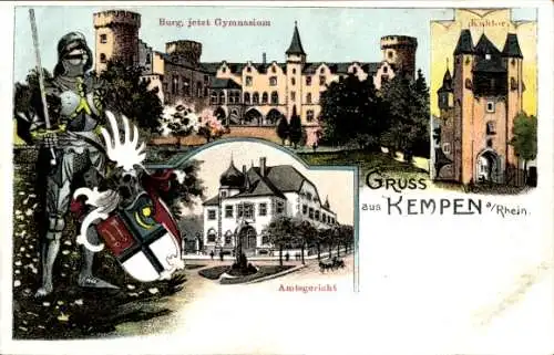 Ak Kempen am Niederrhein, Burg, jetzt Gymnasiu, Kuhtor, Amtsgericht, Ritter, Wappen