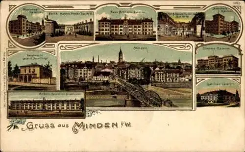Litho Minden in Westfalen, Marienwall Kaserne, Neue Artillerie Kaserne, Hauptwache, Simeons Kaserne