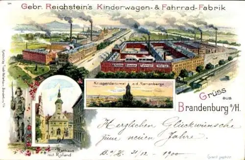 Litho Brandenburg an der Havel, Gebr. Reichsteins Kinderwagen u. Fahrrad Fabrik, Rathaus, Denkmal