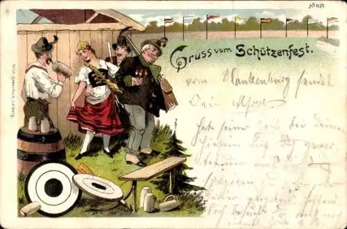 Litho Gruß vom Schützenfest, Mann mit Gewehr, Bierfass, Zielscheiben