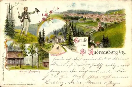 Litho St. Andreasberg im Harz, Panorama, Rehberger Grabenhaus, Grube Neufang