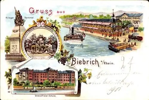 Litho Biebrich am Rhein Wiesbaden Hessen, Kriegerdenkmal, Unteroffizierschule, Ruine Moosburg
