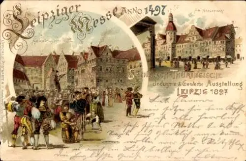 Litho Leipzig in Sachsen, Leipziger Messe 1497, Am Naschmarkt, Auerbachs Hof