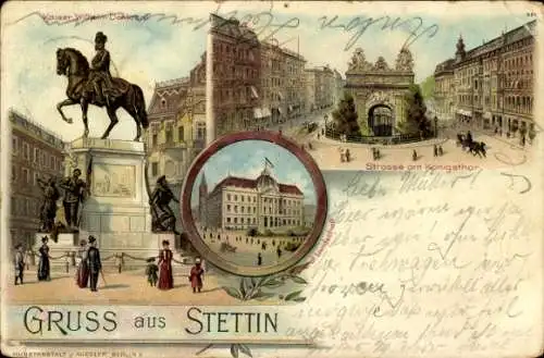 Litho Szczecin Stettin Pommern, Kaiser Wilhelm Denkmal, Straße am Königstor, General Landschaft