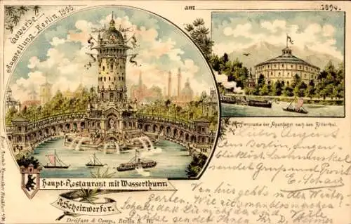 Litho Gewerbeausstellung Berlin 1896 Hauptrestaurant, Wasserturm, Scheinwerfer, Alpenfahrt Zillertal