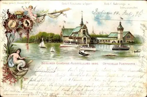 Litho Berlin Treptow, Gewerbeaustellung 1896, Gebäude für Fischerei und Sport, Nahrungsmittel