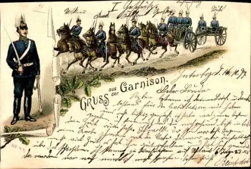 Litho Gruß aus der Garnison, Soldaten, bespannte Artillerie, Geschütz