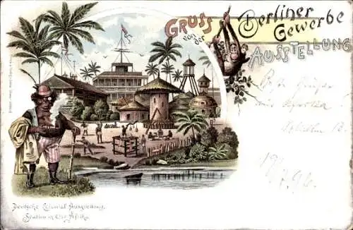 Litho Berliner Gewerbeausstellung 1896, Deutsche Kolonial Ausstellung Station Ostafrika, Neu Guinea