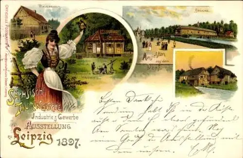 Litho Leipzig, Sächs. Thüring. Industrie und Gewerbeausstellung 1897, Tracht, Brücke, Bauernhaus
