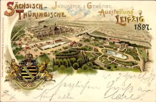 Litho Leipzig, Sächs. Thür. Industrie- und Gewerbeausstellung 1897, Gesamtansicht, Wappen