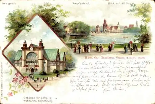 Litho Berlin, Gewerbeausstellung 1896, Karpfenteich, Gebäude für Schul- und Wohlfahrts Einrichtung