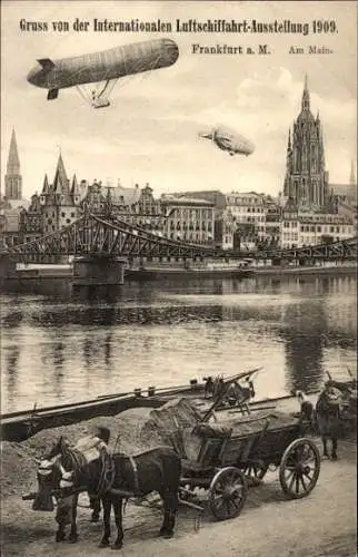 Ak Frankfurt am Main, Internationale Luftschifffahrt-Ausstellung 1909, Zeppeline, Fuhrwerke, Brücke