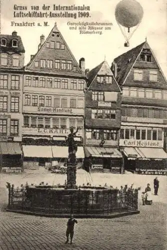 Ak Frankfurt/Main, Gerechtigkeitsbrunnen, Römerberg, Int. Luftschifffahrt Ausstellung 1909, Ballon