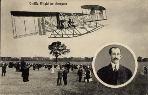 Ak Orville Wright im Aeroplan, Flugpionier, Biplan
