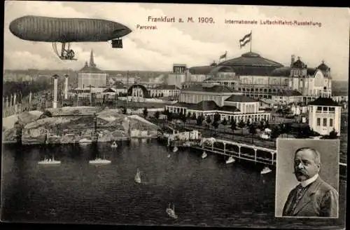 Ak Frankfurt/Main, Int. Luftschiffahrt Ausstellung 1909, Luftschiff, August von Parseval, Portrait