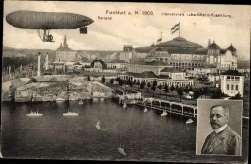 Ak Frankfurt/Main, Int. Luftschiffahrt Ausstellung 1909, Luftschiff, August von Parseval, Portrait