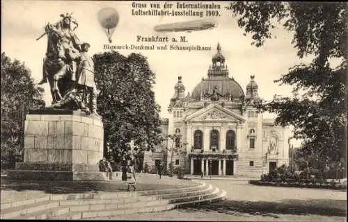 Ak Frankfurt Main, Int. Luftschifffahrt Ausstellung 1909, Bismarck-Denkmal, Schauspielhaus, Zeppelin