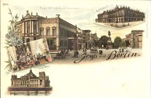 Litho Berlin Mitte, Ruhmeshalle, Palais Wilhelm I., Unter den Linden, Reichstagsgebäude