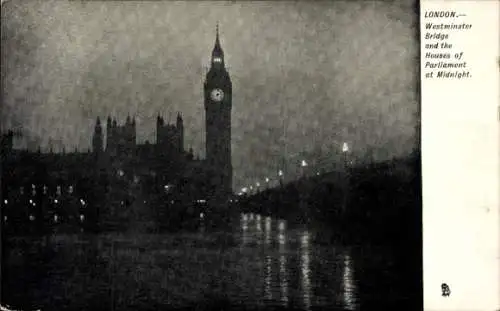 Ak City of Westminster London England, Westminster Bridge, The Houses of Parliament um Mitternacht