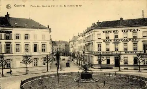 Ak Kortrijk Courtrai Westflandern, Place des Eperons d'Or, Rue du Chemin de Fer, Hotel Royal