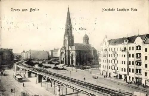 Ak Berlin Kreuzberg, Lausitzer Platz, Hochbahn, Kirche, Straßenbahn