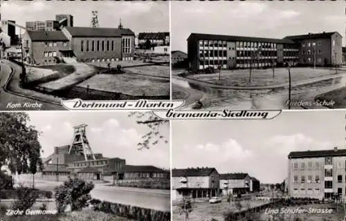 Ak Marten Dortmund, Germania Siedlung, Kirche, Zeche Germania, Friedens-Schule, Lina Schäfer-Straße