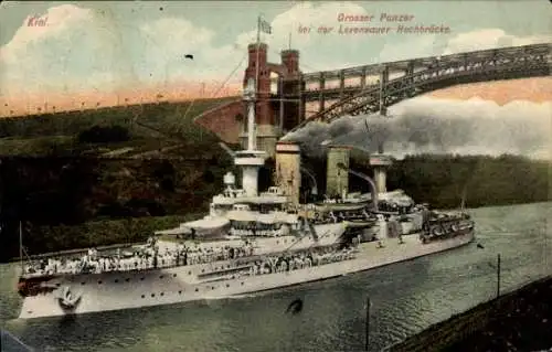 Ak Deutsches Kriegsschiff, Großer Panzerkreuzer bei der Levensauer Hochbrücke