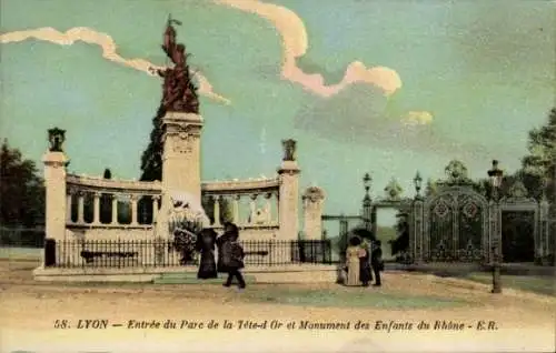 Ak Lyon Rhône, Entree du Parc de la Tete-D'Or, Monument des Enfants du Rhone