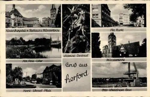 Ak Herford in Westfalen, Hindenburgplatz, Rathaus, Wittekind-Denkmal, Markt, Münsterkirche