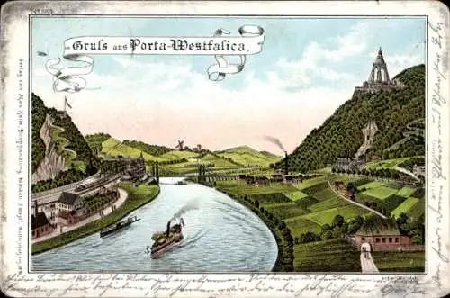 Litho Porta Westfalica an der Weser, Panorama, Dampfer, Dampflok