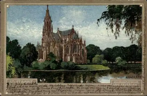 Künstler Litho Stuttgart in Württemberg, Johanniskirche und Feuersee