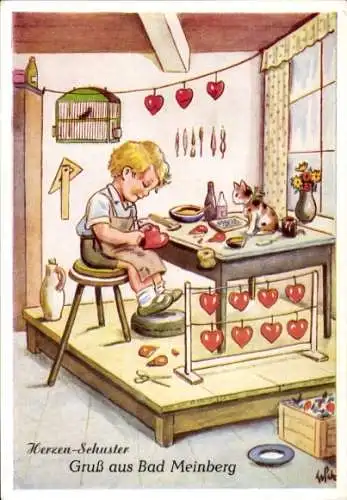 Ak Bad Meinberg am Teutoburger Wald, Herzen-Schuster, Herzen, Katze, Vogelkäfig