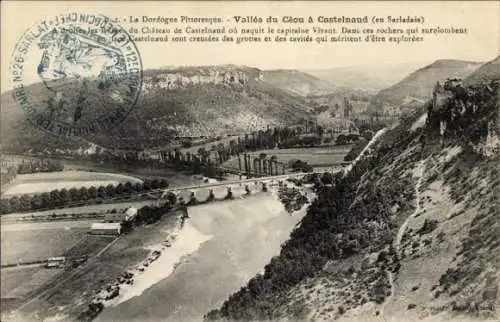 Ak Castelnaud Fayrac Dordogne, Panorama, Vallee du Ceou, Brücke