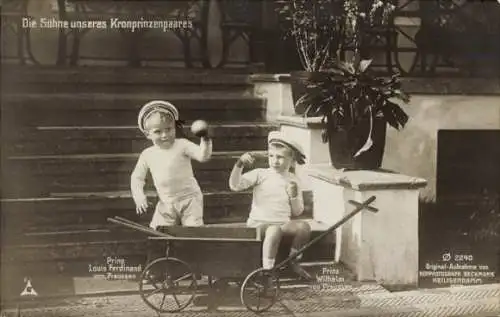 Ak Prinz Wilhelm von Preußen, Prinz Louis Ferdinand, Söhne des Kronprinzenpaares, Handwagen