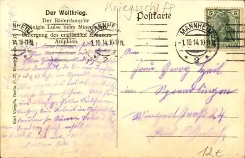 Ak Hapag Bäderdampfer Königin Luise beim Minenlegen, Untergang des engl. Kreuzers Amphion