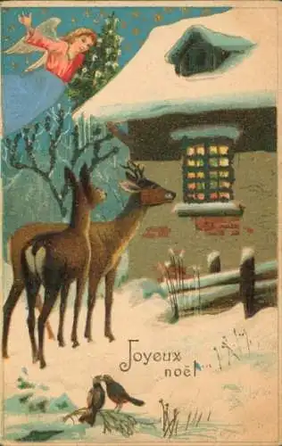 Präge Stoff Ak Glückwunsch Weihnachten, Reh, Hirsch, Engel, Tannenbaum