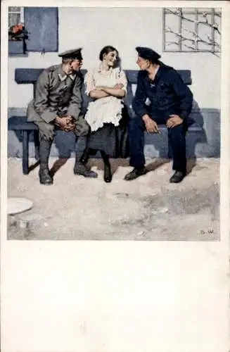 Künstler Ak Wennerberg, Bruno, Geplänkel, Frau mit Soldat und Seemann auf einer Bank