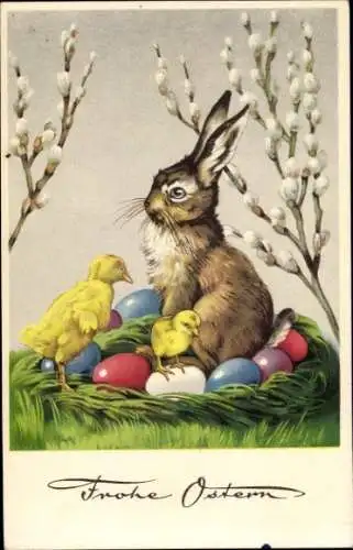 Ak Glückwunsch Ostern, Osterhase, Ostereier, Nest, Küken, Weidenkätzchen
