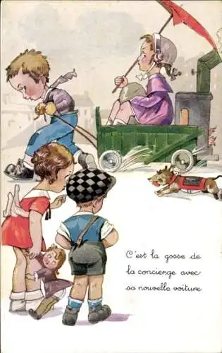 Künstler Ak Spielende Kinder, Hund, Puppe