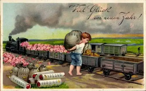 Präge Ak Glückwunsch Neujahr, Eisenbahn mit Blumen und Münzen