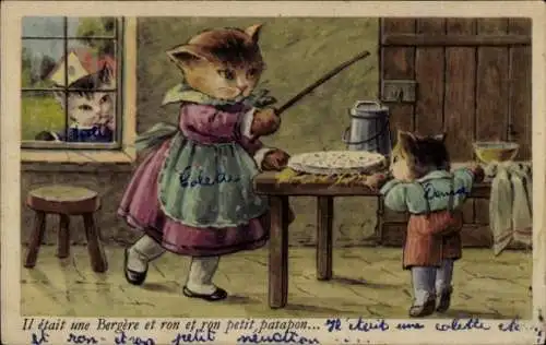 Ak Katzenfamilie, Katze versucht, Essen vom Tisch zu stehlen